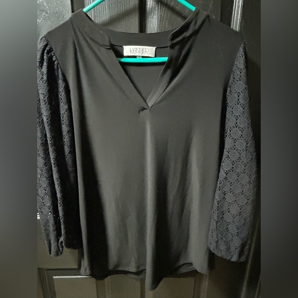 Kasper Black Top with Floral Lace Sleeves